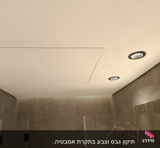 תקרת גבס מונמכת בחדר רחצה עם תאורה נסתרת וספוטים שקועים